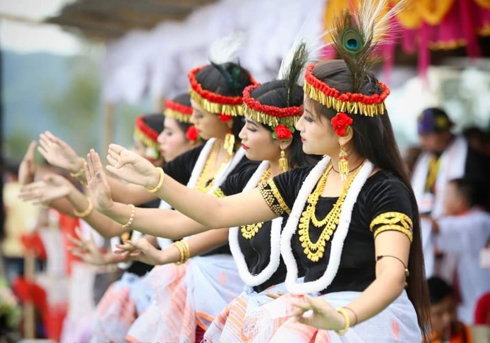 Traditional Manipuri male and female costumes worn in the Khamba Thoibi folk dance