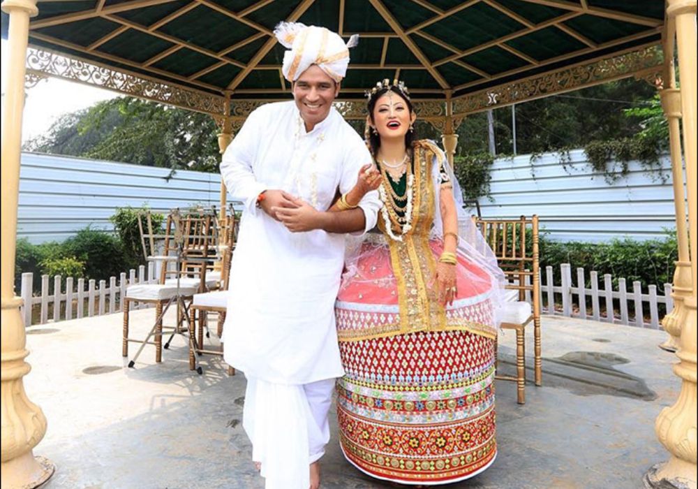 Manipuri traditional dance costume with phanek skirt and ornamental details
