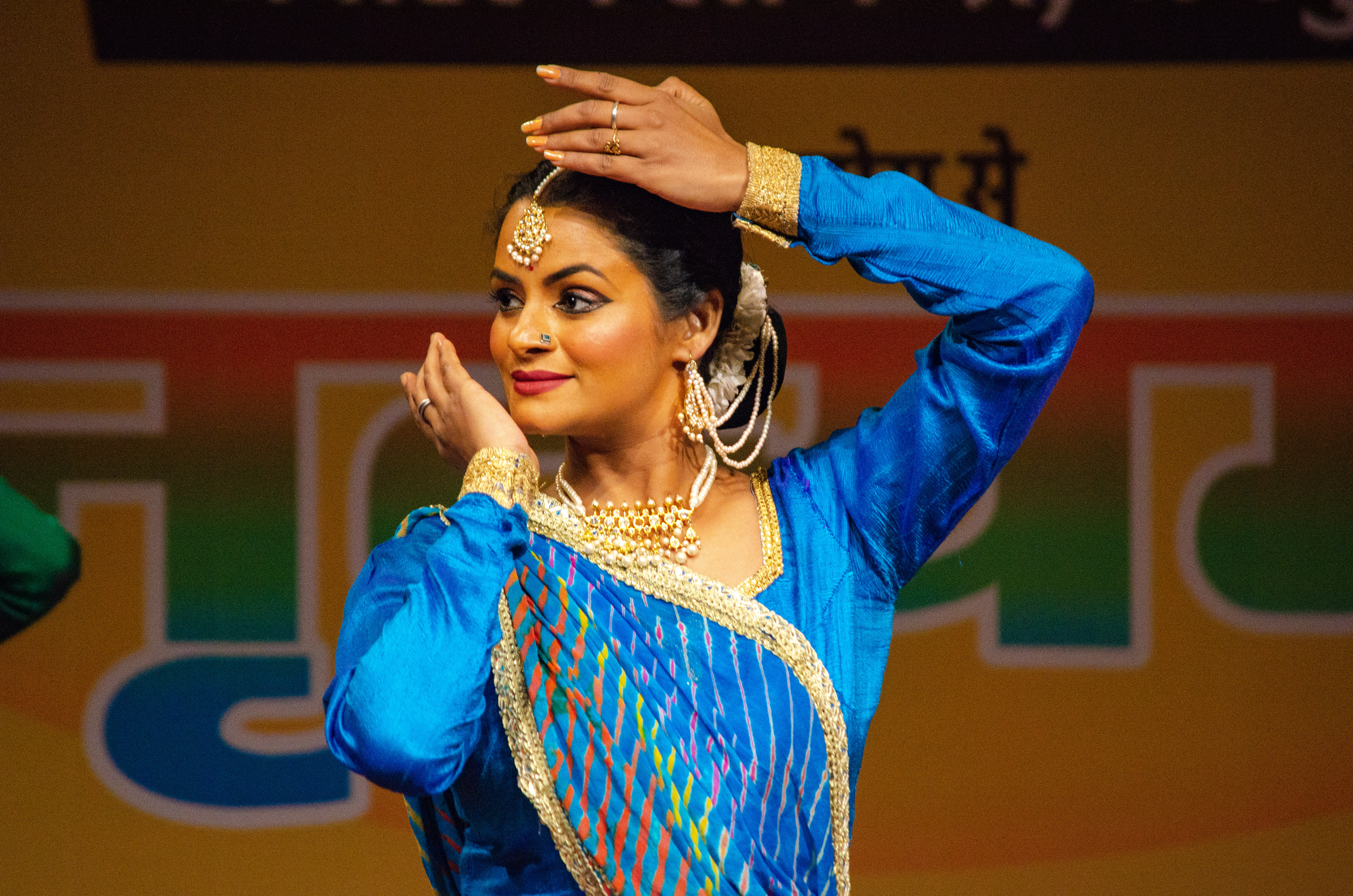 Traditional Kathak costume and jewelry display