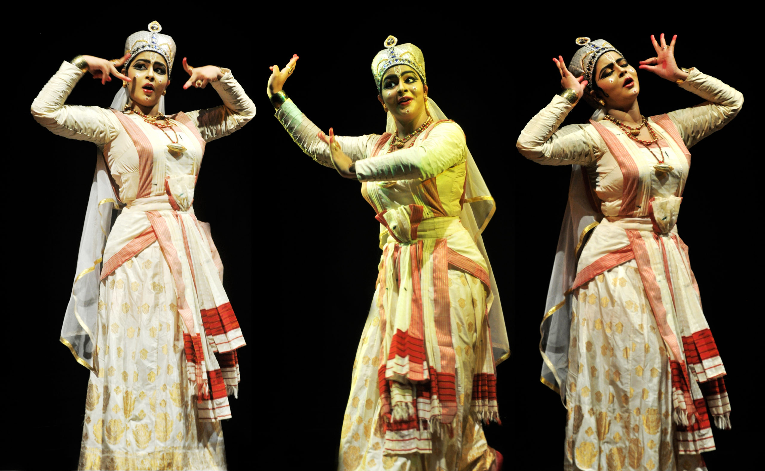 Sattriya dancer in traditional Assamese silk costume performing gracefully