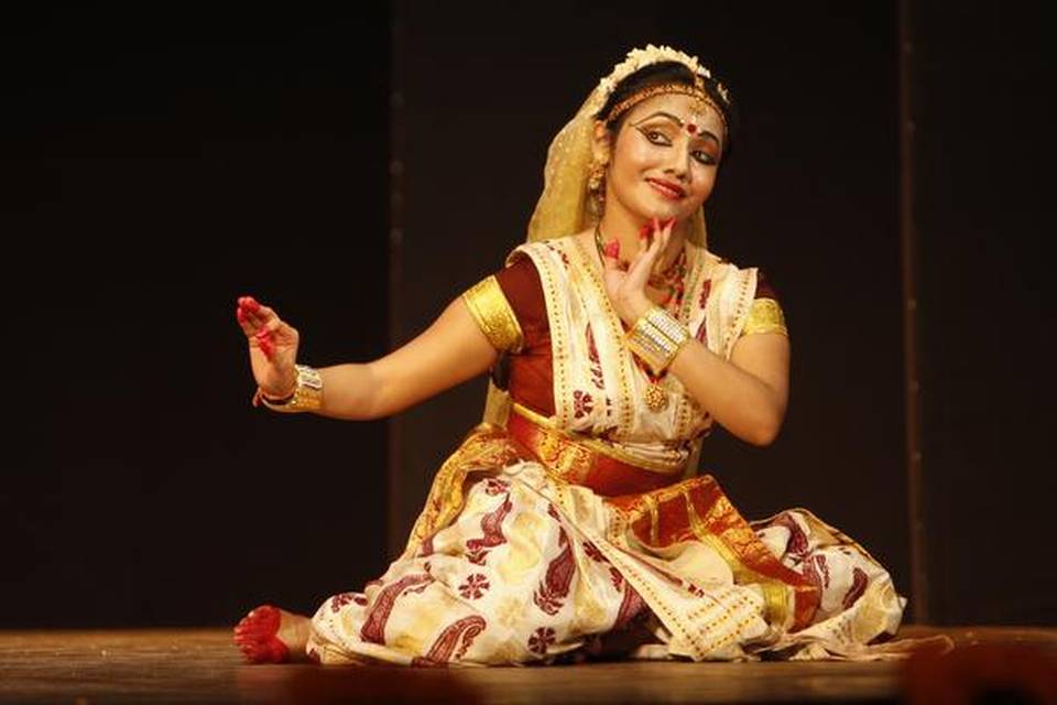 Devotional Sattriya dancer with traditional Assamese jewelry